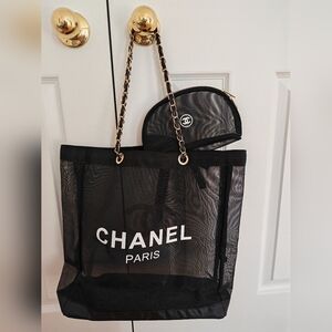Chanel Mesh Tote Bag & Cosmetic Mesh Pouch Black & Gold